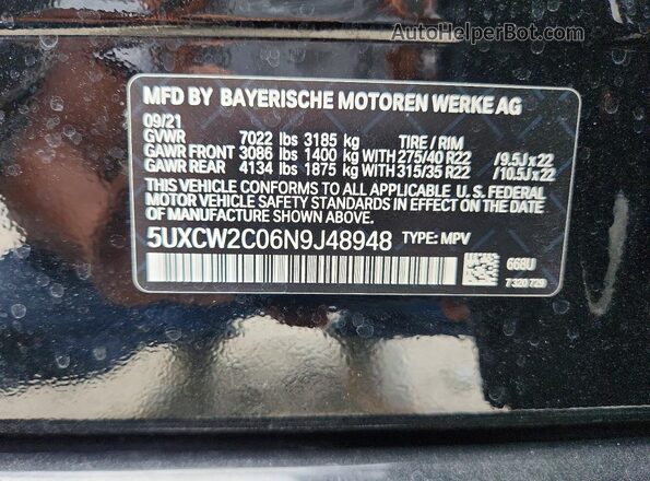 5UXCW2C06N9J48948 2022 BMW X7 Black Widok naklejki z numerem VIN