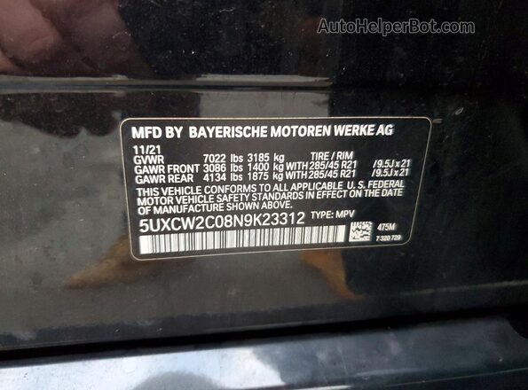 5UXCW2C08N9K23312 2022 BMW X7 Black Widok naklejki z numerem VIN