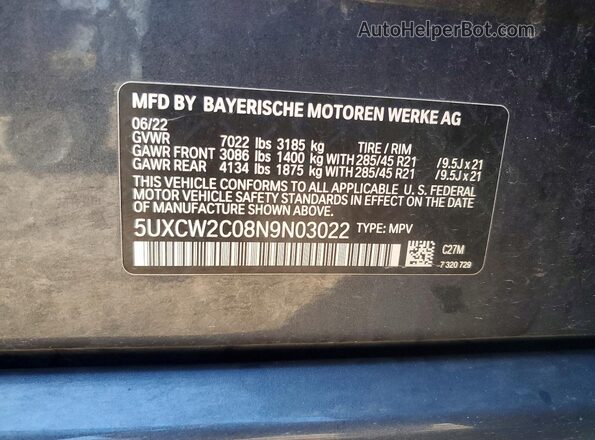 5UXCW2C08N9N03022 2022 BMW X7 Gray VIN կոդի պիտակի տեսք