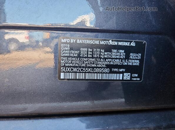 5UXCW2C55KL089580 2019 BMW X7 Gray Vista interior de 360 grados