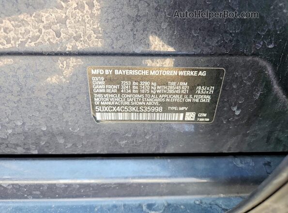 5UXCX4C53KLS35998 2019 BMW X7 Gray Вид наклейки з VIN-кодом