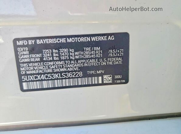 5UXCX4C53KLS36228 2019 BMW X7 White Widok naklejki z numerem VIN