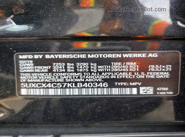 5UXCX4C57KLB40346 2019 BMW X7 Black Вид наклейки з VIN-кодом