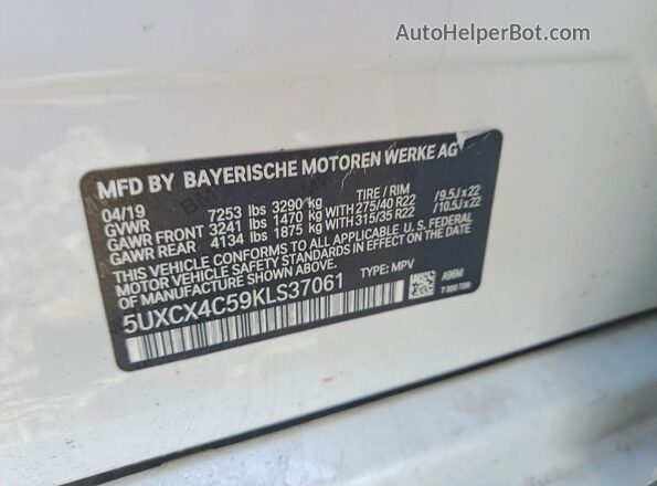 5UXCX4C59KLS37061 2019 BMW X7 White Widok naklejki z numerem VIN