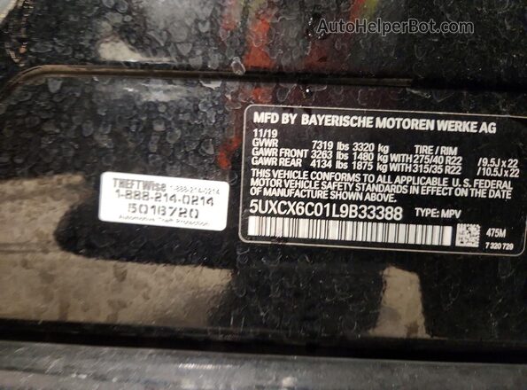 5UXCX6C01L9B33388 2020 BMW X7 Black VIN კოდის სტიკერის ხედი