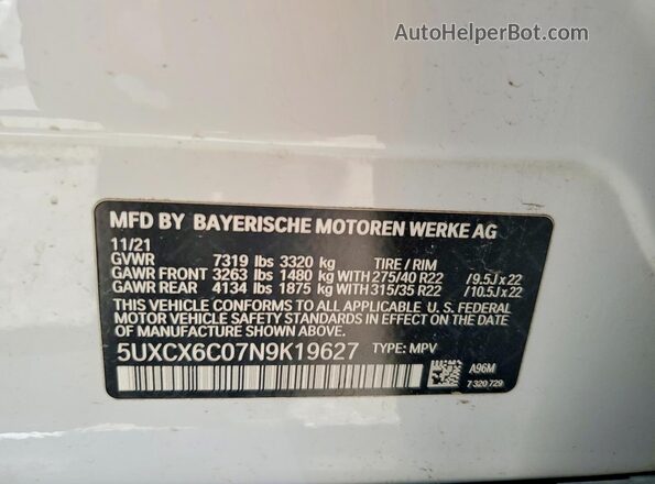 5UXCX6C07N9K19627 2022 BMW X7 White 