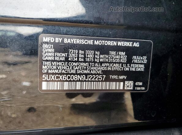 5UXCX6C08N9J22257 2022 BMW X7 Черный Вид наклейки с VIN-кодом