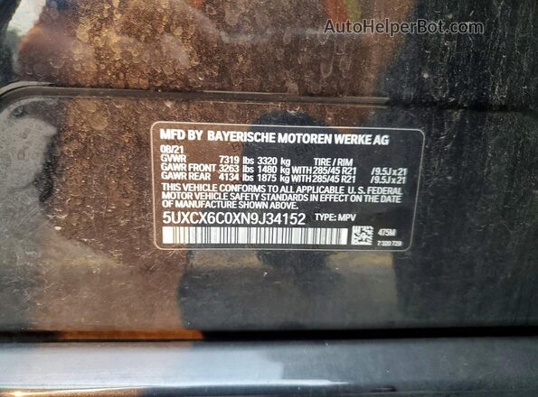 5UXCX6C0XN9J34152 2022 BMW X7 Black Widok naklejki z numerem VIN