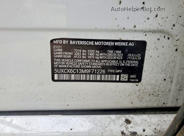 5UXCX6C13M9F71226 2021 BMW X7 White Widok naklejki z numerem VIN