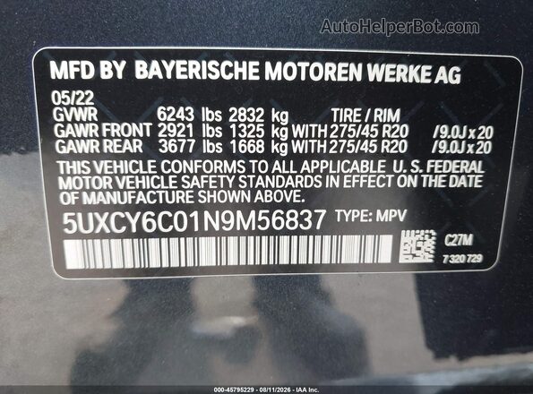 5UXCY6C01N9M56837 2022 BMW X6 Black Вид підкапотного простору