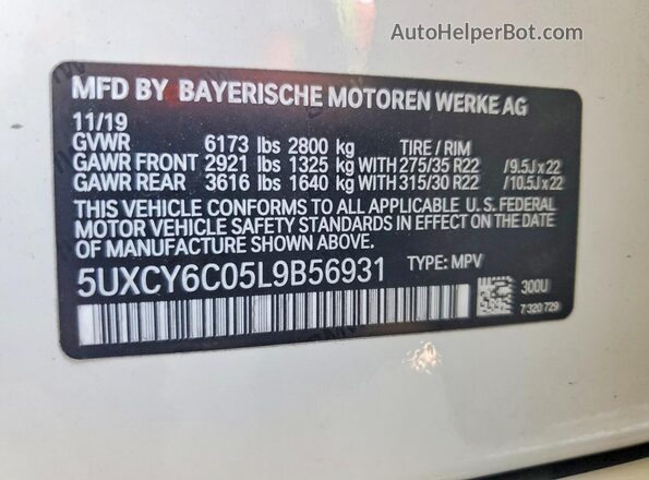 5UXCY6C05L9B56931 2020 BMW X6 White VIN կոդի պիտակի տեսք