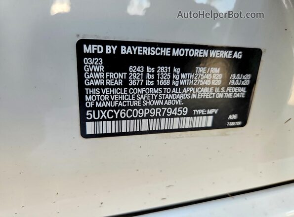 5UXCY6C09P9R79459 2023 BMW X6 White Вид наклейки з VIN-кодом