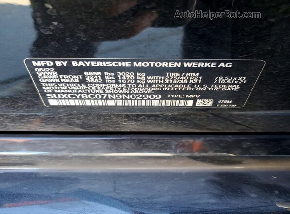 5UXCY8C07N9N02909 2022 BMW X6 Black Vista del compartimento del motor