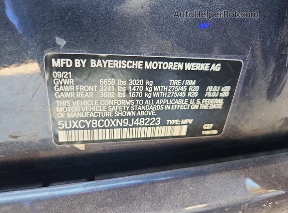 5UXCY8C0XN9J48223 2022 BMW X6 Gray VIN კოდის სტიკერის ხედი