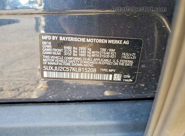 5UXJU2C57KLB15208 2019 BMW X5 Gray VIN կոդի պիտակի տեսք