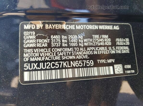 5UXJU2C57KLN65759 2019 BMW X5 Blue 