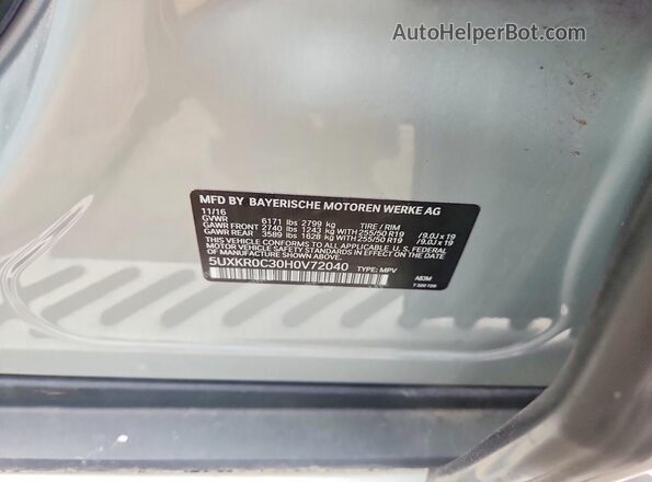 5UXKR0C30H0V72040 2017 BMW X5 Gray VIN კოდის სტიკერის ხედი