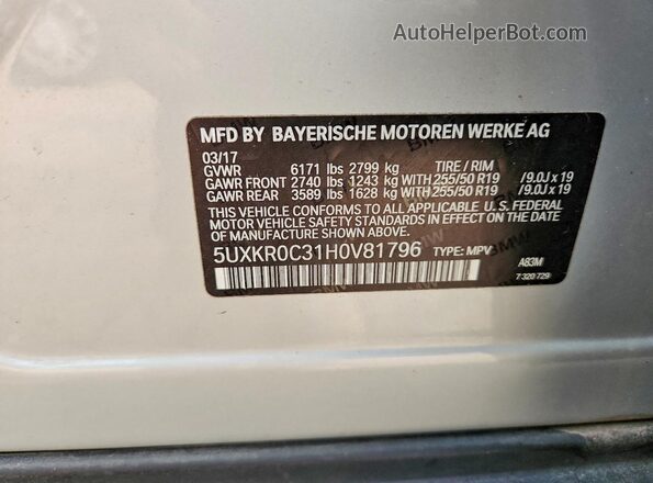 5UXKR0C31H0V81796 2017 BMW X5 Silver VIN կոդի պիտակի տեսք