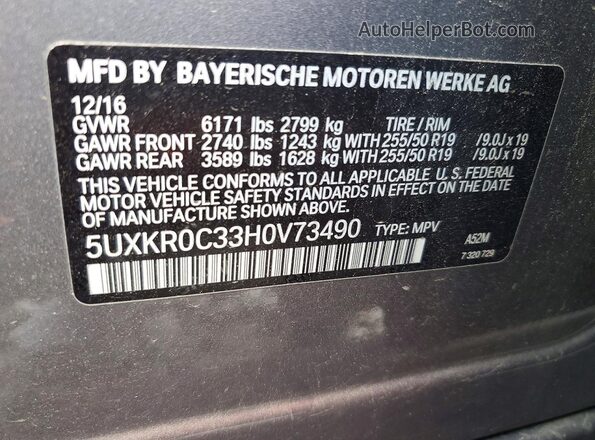 5UXKR0C33H0V73490 2017 BMW X5 Silver VIN sticker view