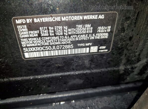 5UXKR0C50JL072885 2018 BMW X5 Charcoal Vista de la etiqueta del VIN