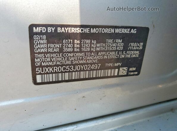 5UXKR0C53J0Y02497 2018 BMW X5 Silver VIN կոդի պիտակի տեսք