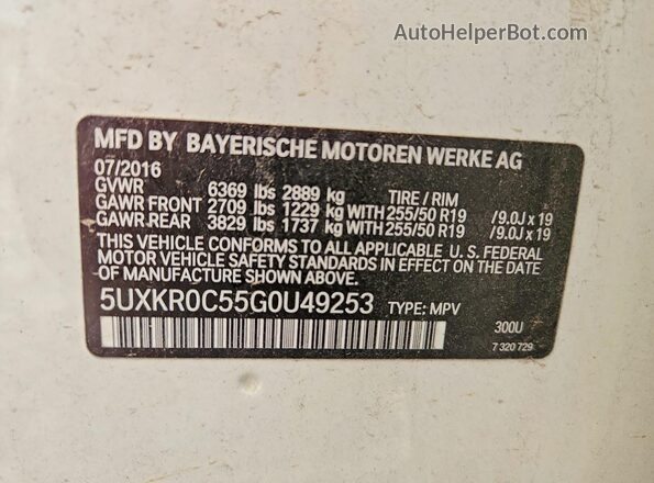 5UXKR0C55G0U49253 2016 BMW X5 White Widok naklejki z numerem VIN