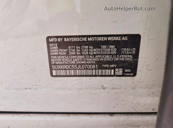 5UXKR0C55JL070081 2018 BMW X5 White VIN sticker view