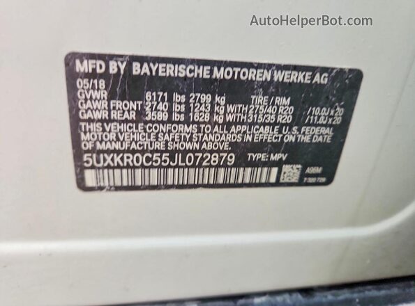 5UXKR0C55JL072879 2018 BMW X5 White Widok komory silnika