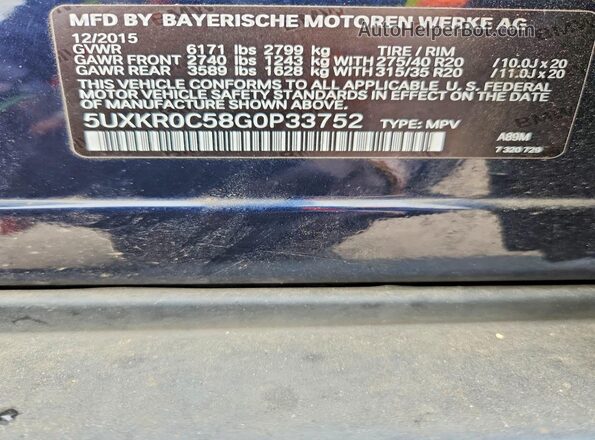 5UXKR0C58G0P33752 2016 BMW X5 Blue VIN կոդի պիտակի տեսք