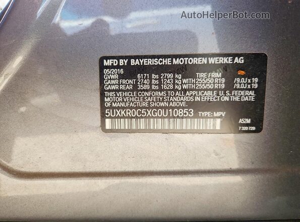 5UXKR0C5XG0U10853 2016 BMW X5 Gray Vista del compartimento del motor