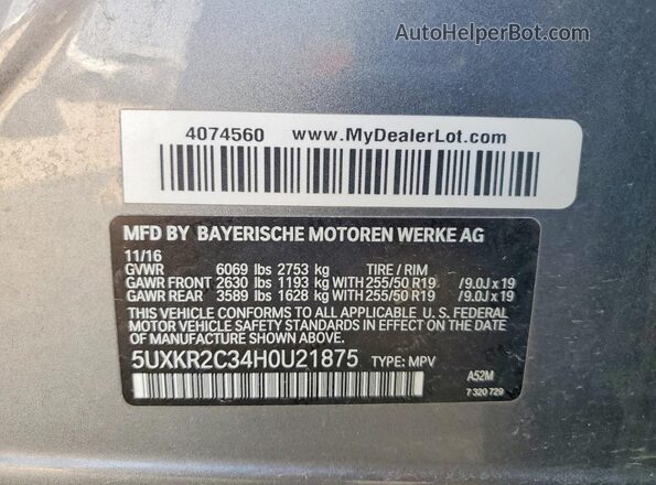 5UXKR2C34H0U21875 2017 BMW X5 Charcoal VIN sticker view