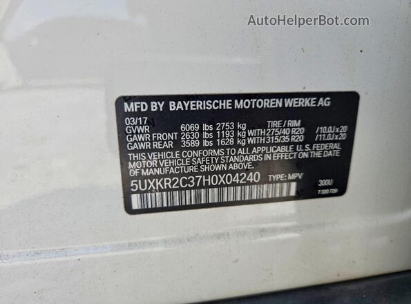 5UXKR2C37H0X04240 2017 BMW X5 White VIN კოდის სტიკერის ხედი