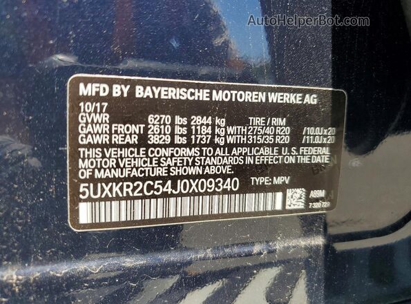 5UXKR2C54J0X09340 2018 BMW X5 Blue Widok naklejki z numerem VIN