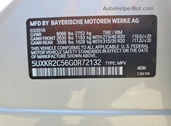 5UXKR2C56G0R72132 2016 BMW X5 Silver VIN կոդի պիտակի տեսք
