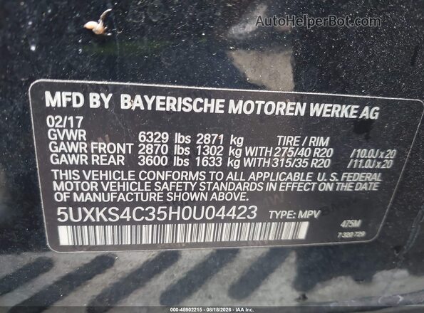 5UXKS4C35H0U04423 2017 BMW X5 Black Widok komory silnika