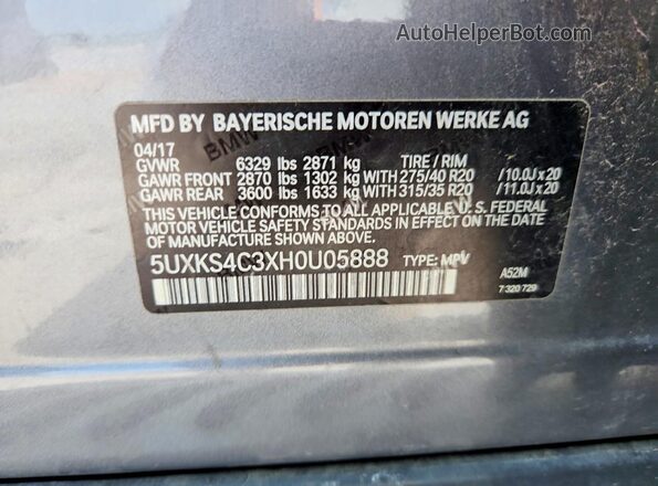 5UXKS4C3XH0U05888 2017 BMW X5 Gray VIN կոդի պիտակի տեսք