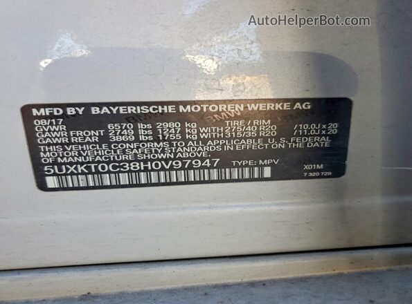 5UXKT0C38H0V97947 2017 BMW X5 Silver VIN კოდის სტიკერის ხედი