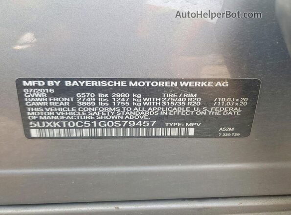 5UXKT0C51G0S79457 2016 BMW X5 Gray VIN კოდის სტიკერის ხედი