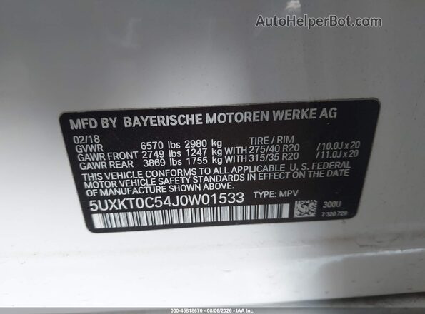 5UXKT0C54J0W01533 2018 BMW X5 White Engine compartment view