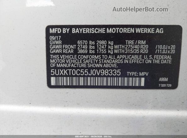 5UXKT0C55J0V98335 2018 BMW X5 White ძრავის განყოფილების ხედი