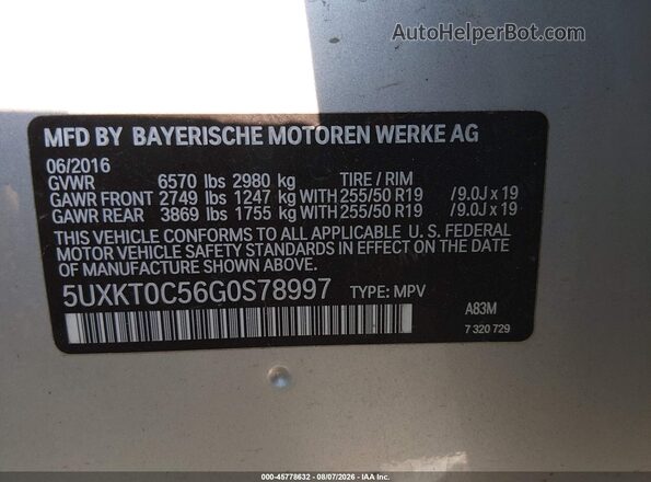 5UXKT0C56G0S78997 2016 BMW X5 Silver Engine compartment view