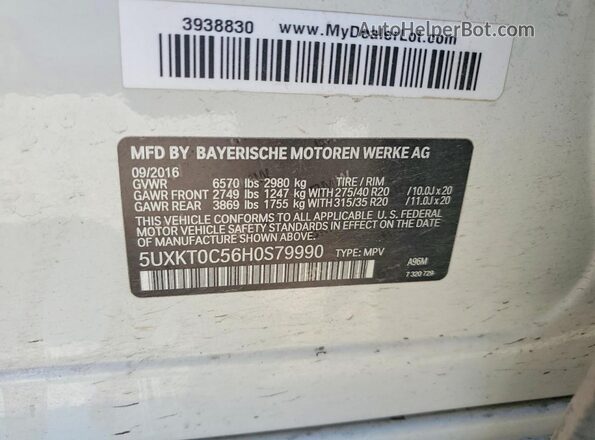 5UXKT0C56H0S79990 2017 BMW X5 White 
