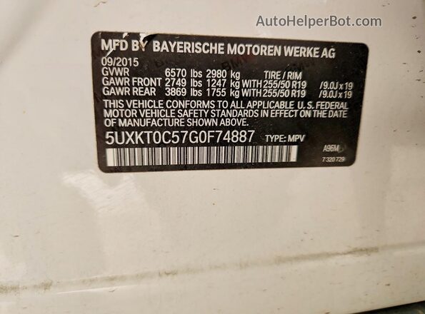 5UXKT0C57G0F74887 2016 BMW X5 White Vista de la etiqueta del VIN