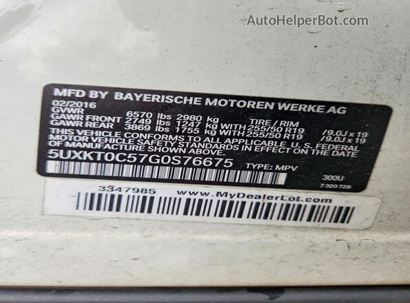 5UXKT0C57G0S76675 2016 BMW X5 White VIN კოდის სტიკერის ხედი