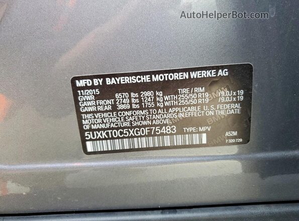 5UXKT0C5XG0F75483 2016 BMW X5 Gray VIN კოდის სტიკერის ხედი