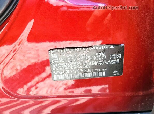 5UXKU0C34H0G68061 2017 BMW X6 Red Vista de la etiqueta del VIN