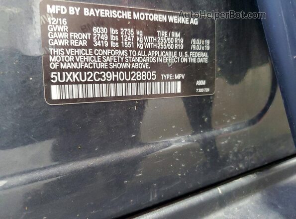 5UXKU2C39H0U28805 2017 BMW X6 Charcoal Вид наклейки з VIN-кодом