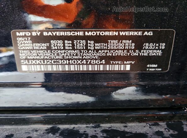 5UXKU2C39H0X47864 2017 BMW X6 Black VIN կոդի պիտակի տեսք