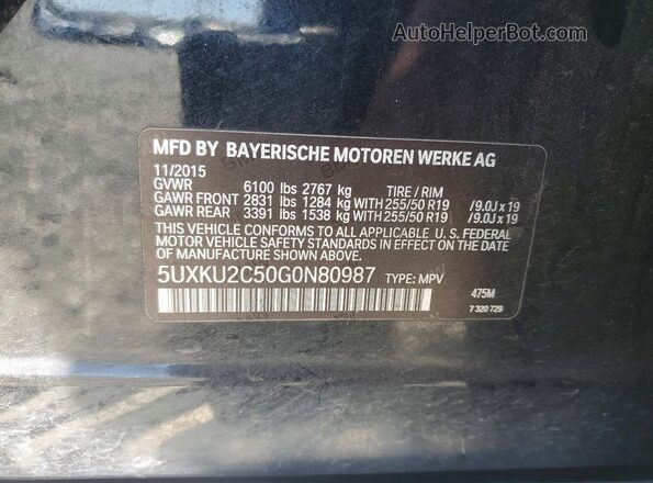 5UXKU2C50G0N80987 2016 BMW X6 Black VIN კოდის სტიკერის ხედი