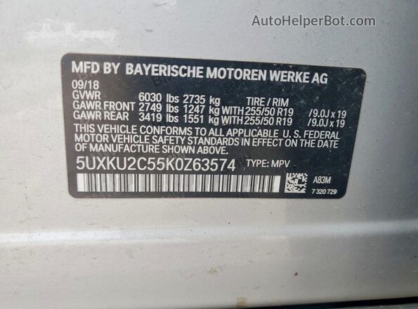 5UXKU2C55K0Z63574 2019 BMW X6 Silver Вид наклейки з VIN-кодом